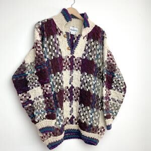 Vintage 90s Chunky Knit Plaid Cottagecore Coastal Fisherman Wool Sweater XXL